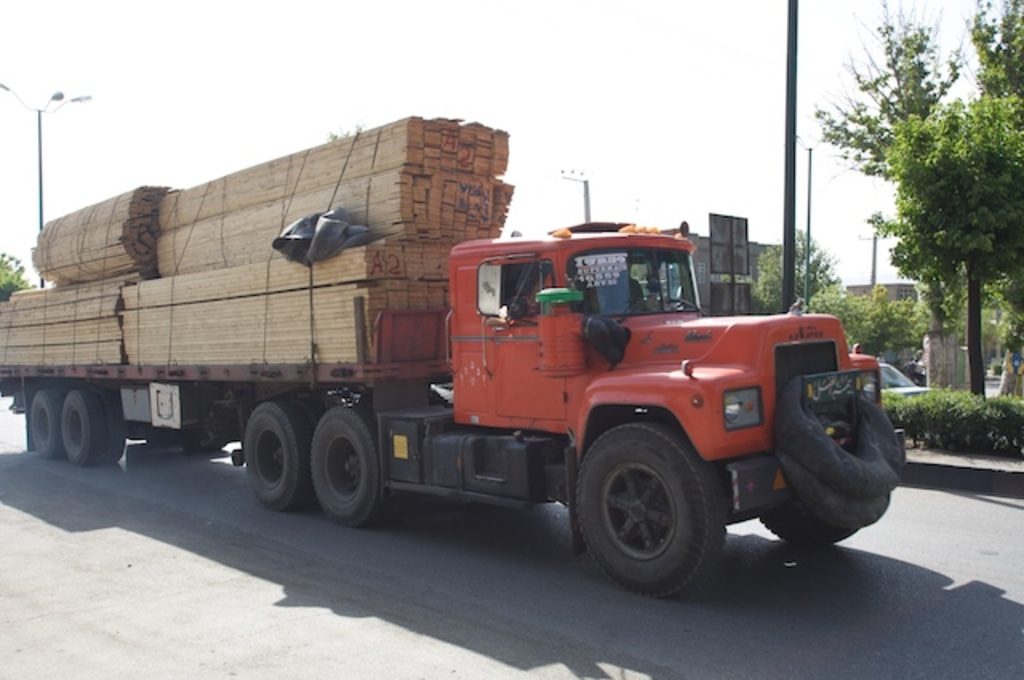 Flatbed trailer loaded with lumber